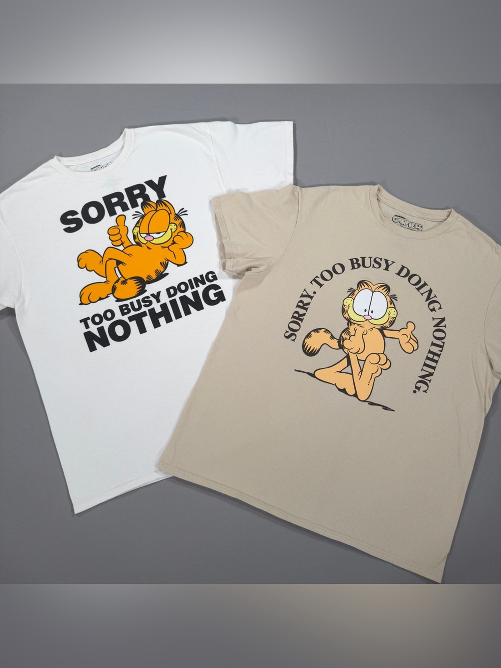Garfield Mens L Large T-Shirts Lot of 2 Sorry Too Busy Doing Nothing Tan White